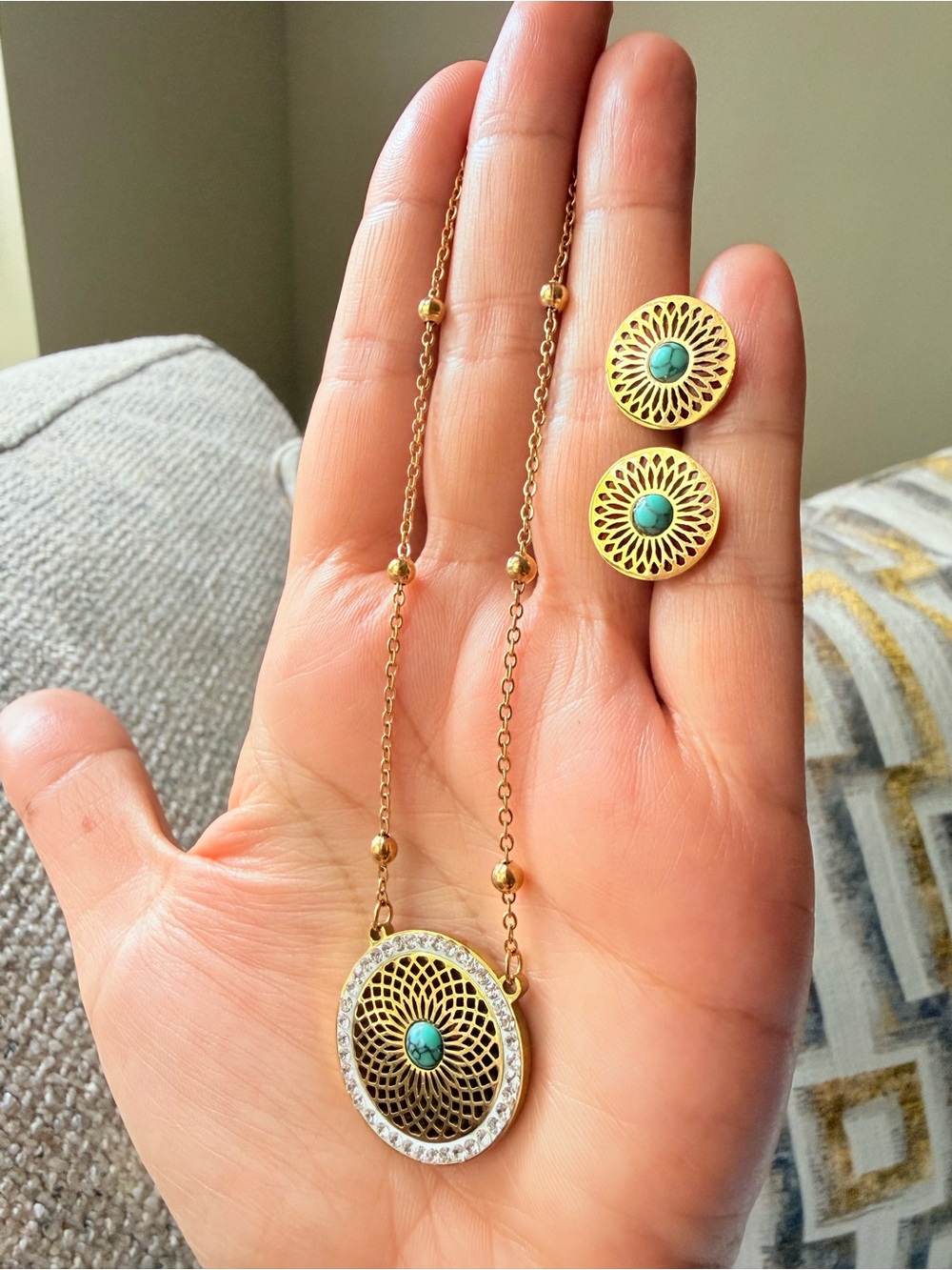 Gold Turquoise Circle Pendant Necklace and Earrings Set